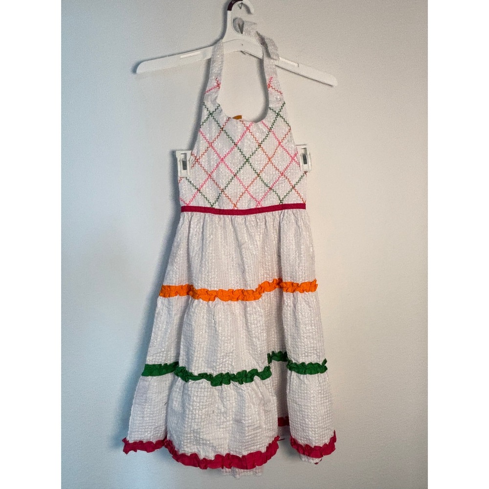 Emily West Girls Size 12 White Seersucker Halter Dress Rainbow Ruffle Tiered New